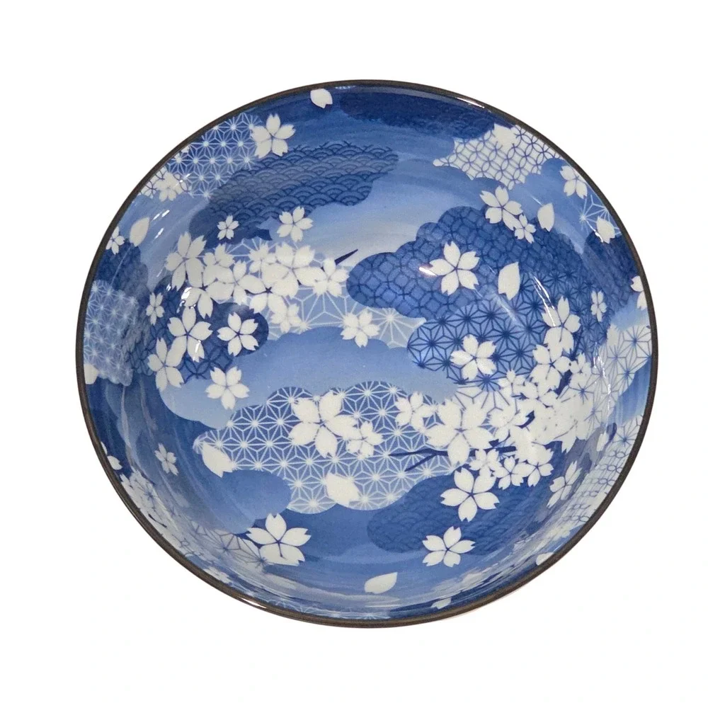 SH Home Blue Floral Ceramic Ramen Noodle Bowl 49oz With Chopsticks And Spoon 4pc